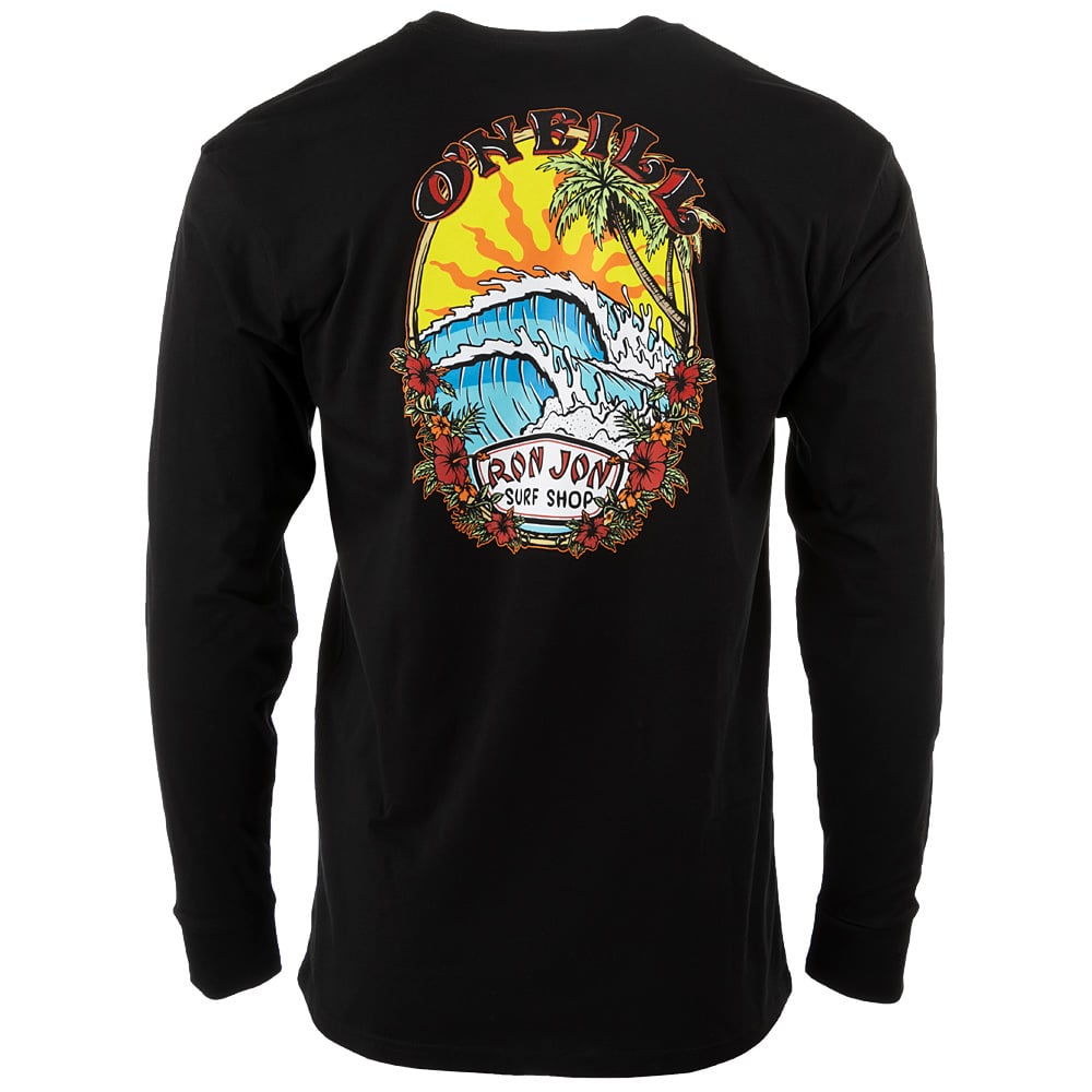 Black long-sleeve shirt featuring a colorful surf-themed graphic with waves, a sunset, and palm trees, accompanied by the text ONeill and Ron Jon Surf Shop.