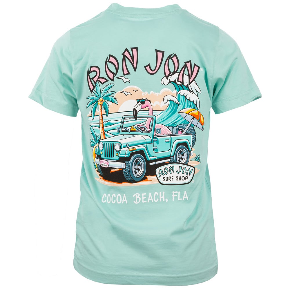 Teal t-shirt with a graphic of a car, palm trees, waves, and a surfboard. Text reads Ron Jon Surf Shop, Cocoa Beach, FLA.