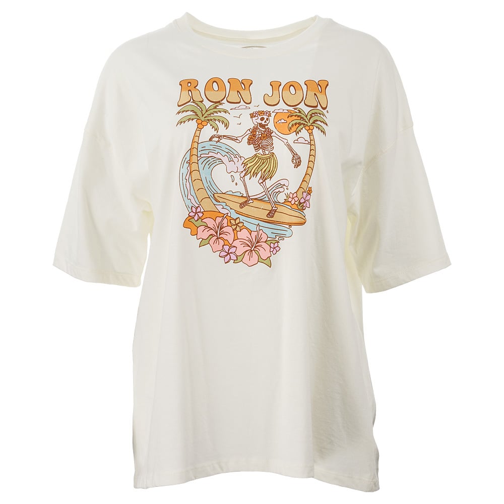 White t-shirt with a colorful graphic of a skeleton surfing between two palm trees, surrounded by flowers, and the text RON JON above.