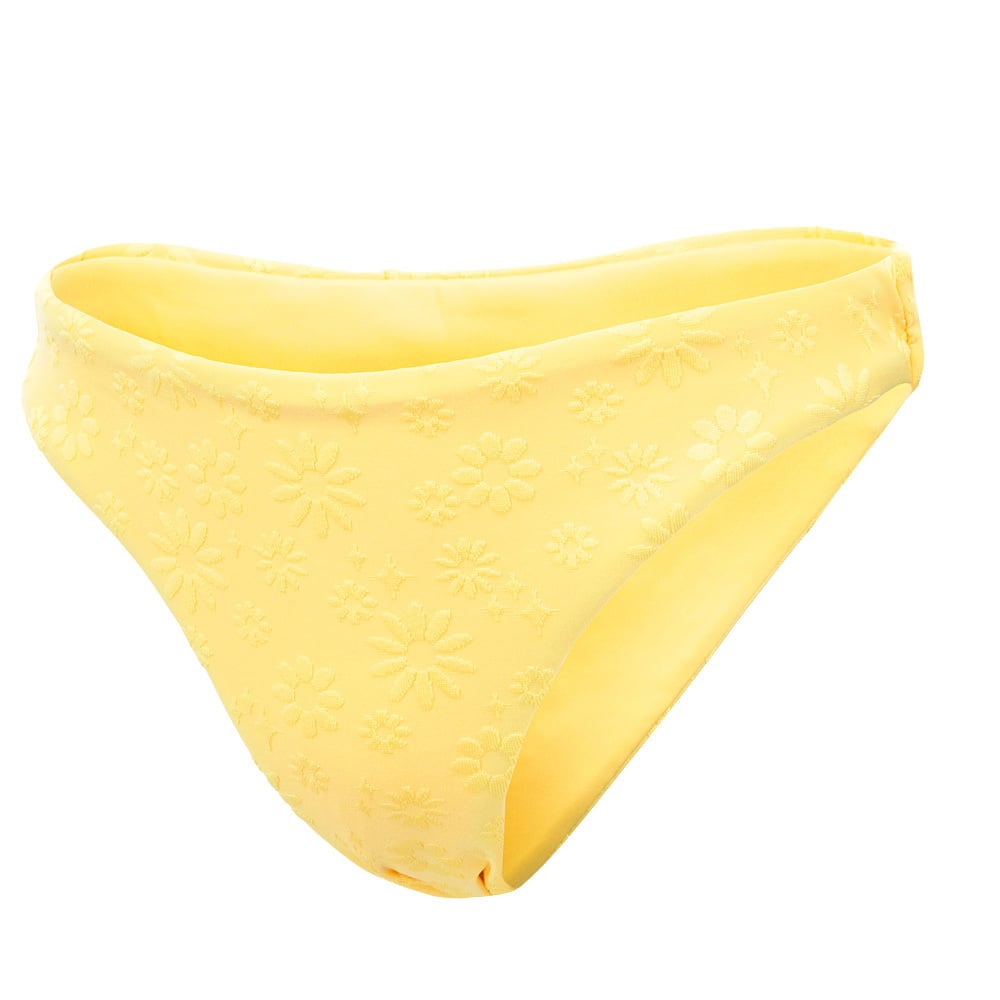 Yellow bikini bottom with a floral embossed pattern.