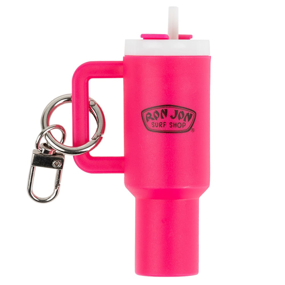 A pink-colored keychain shaped like a tumbler with a handle, featuring the Ron Jon Surf Shop logo and a metal keyring with a clasp.