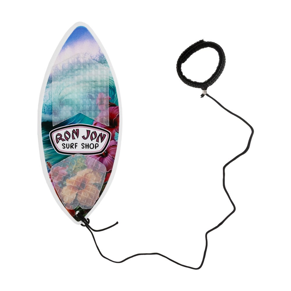 Shaka Minis skimboard with a Ron Jon Surf Shop logo, floral and ocean wave design, and a black cord attached.
