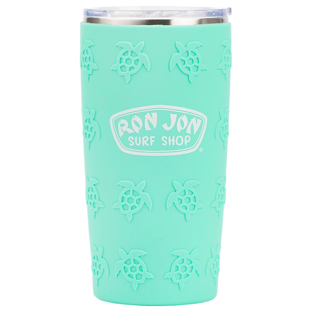 A turquoise Ron Jon Surf Shop tumbler with embossed sea turtle designs and a clear, silver-rimmed lid.