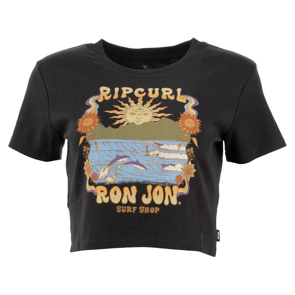 Black crop top featuring a colorful graphic with a sun, waves, and Ripcurl Ron Jon Surf Shop text.