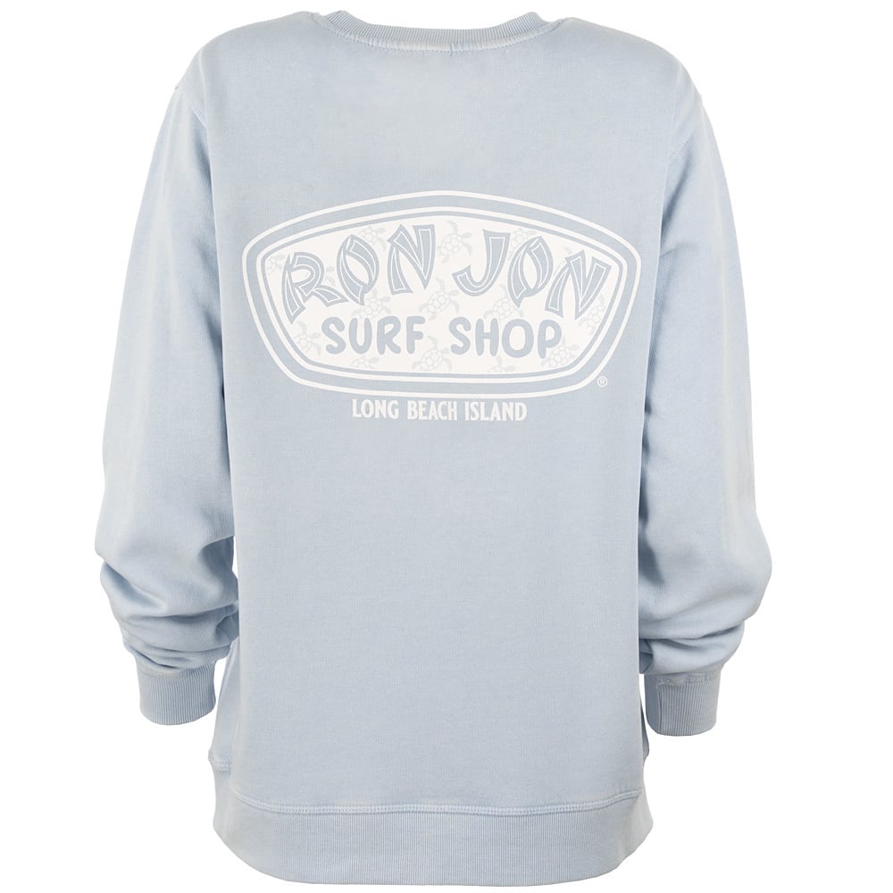 Light blue Ron Jon Surf Shop sweatshirt with a large white logo on the back, reading Ron Jon Surf Shop, Long Beach Island.