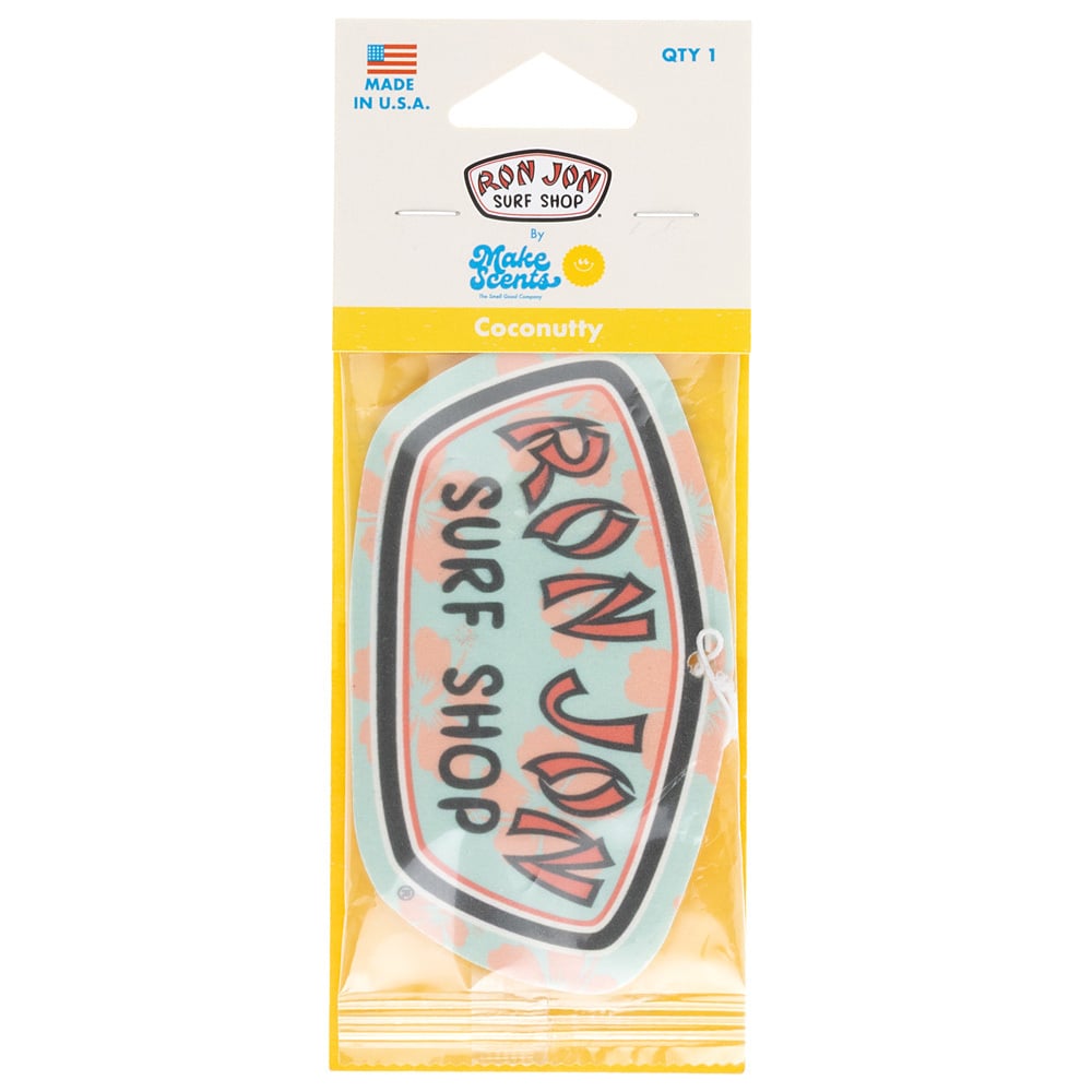 Packaged Ron Jon Surf Shop air freshener in Coconuty scent, featuring a made in the USA on the top of the package.