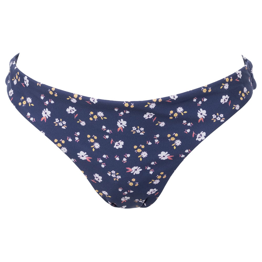 A pair of navy blue bikini bottoms with a floral pattern of white, yellow, and pink flowers.