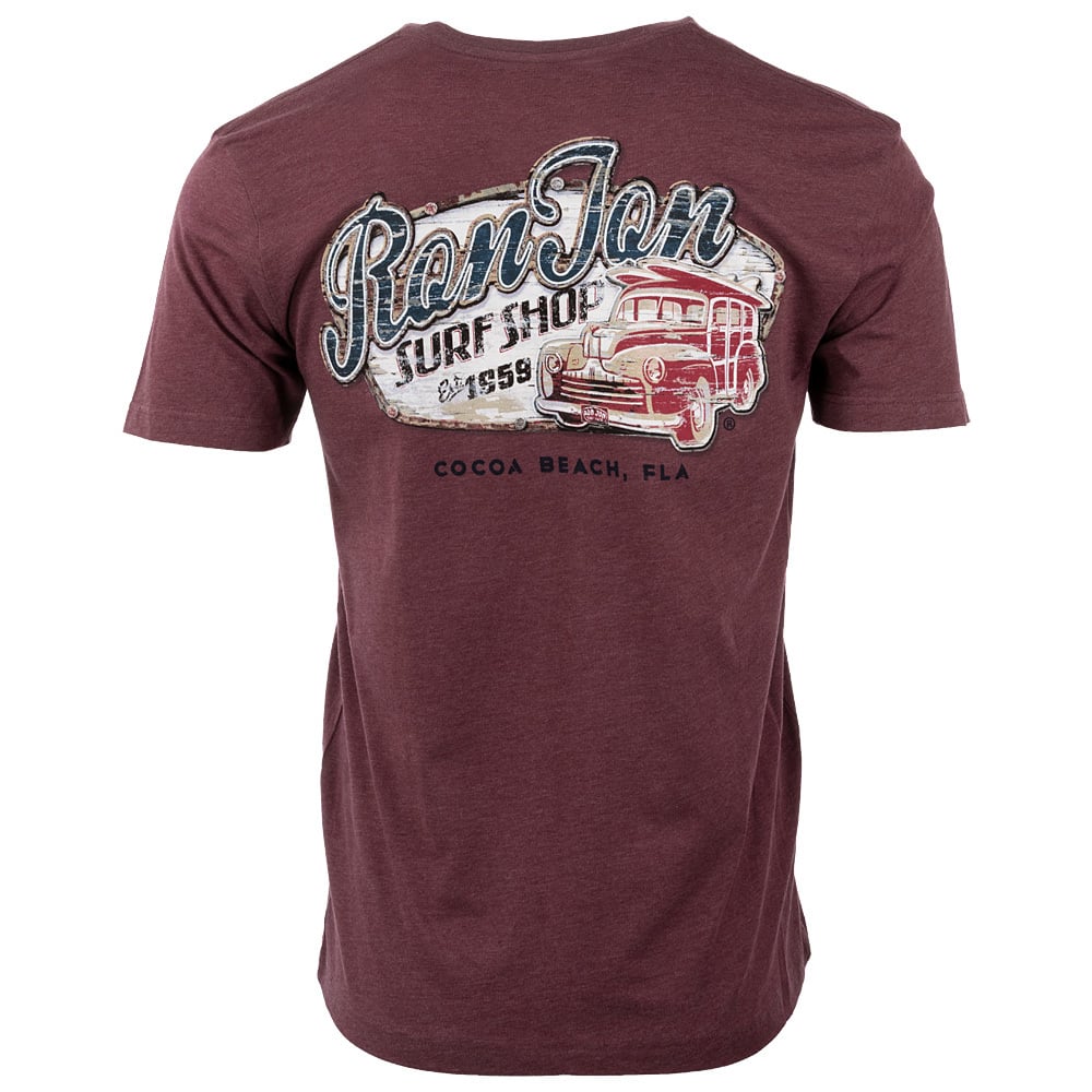 Back view of a maroon T-shirt featuring a Ron Jon Surf Shop graphic with a vintage car and text reading Since 1959, Cocoa Beach, Fla.