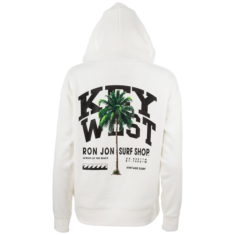 Back view of a white hoodie featuring a palm tree graphic and bold text reading Key West Ron Jon Surf Shop with additional surf-themed details.