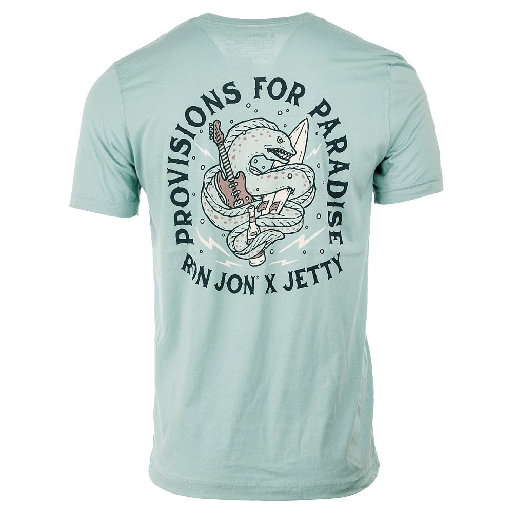 A light blue T-shirt featuring a snake coiled around a guitar with the text Provisions for Paradise and Rin Jon x Jetty on the back.