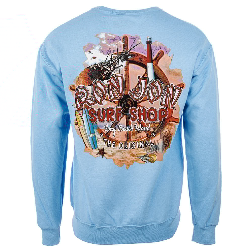 Light blue sweatshirt featuring a Ron Jon Surf Shop graphic with nautical elements, surfboards, and "Long Beach Island" text.