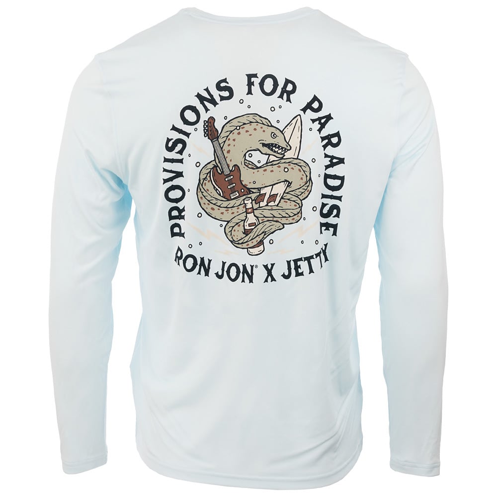 A light blue long-sleeve shirt featuring a graphic of a snake with a guitar surrounded by the text Provisions for Paradise and Ron Jon x Jetty.