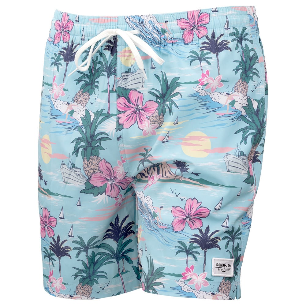 Light blue swim shorts featuring a tropical print with pink hibiscus flowers, palm trees, pineapples, sailboats, and sunsets, plus a white drawstring and a small rectangular patch near the hem.