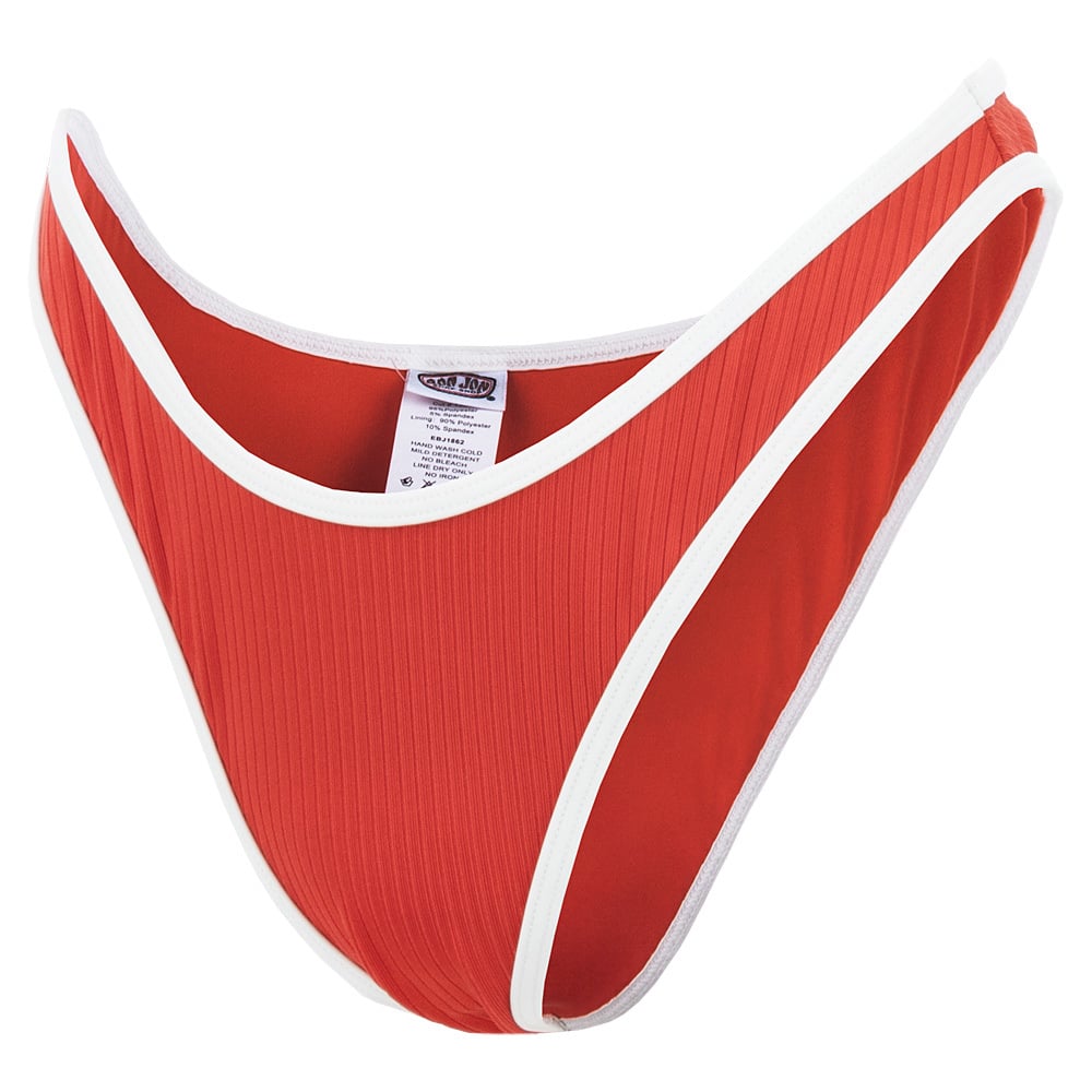 Red high-cut bikini bottom with white trim, featuring a visible care label inside.