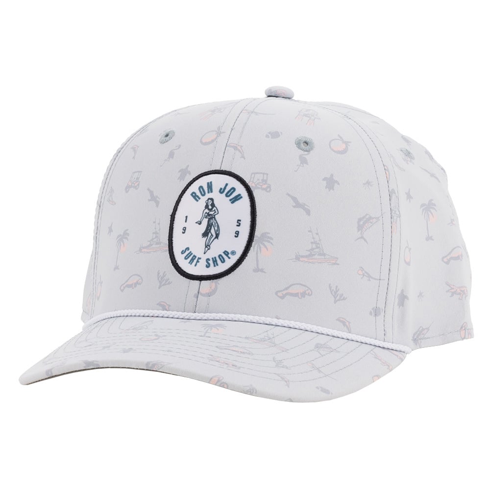 Gray cap featuring a Ron Jon Surf Shop logo on the front. Decorated with small, beach-themed motifs including palm trees, surfboards, and boats.