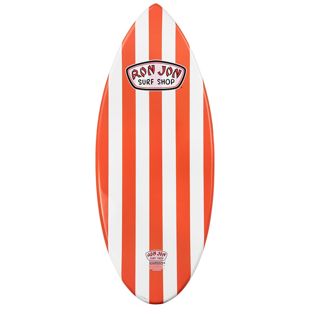 A skimboard with vertical red and white stripes and a Ron Jon Surf Shop logo at the top center.