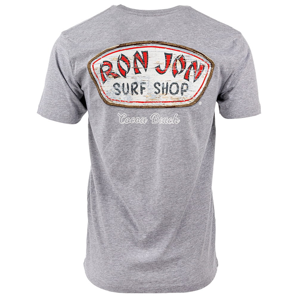 Gray T-shirt with Ron Jon Surf Shop logo and Cocoa Beach text on the back.