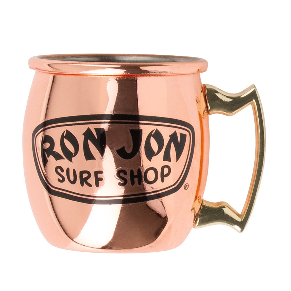 A copper mug with a gold handle featuring the Ron Jon Surf Shop logo on the front.