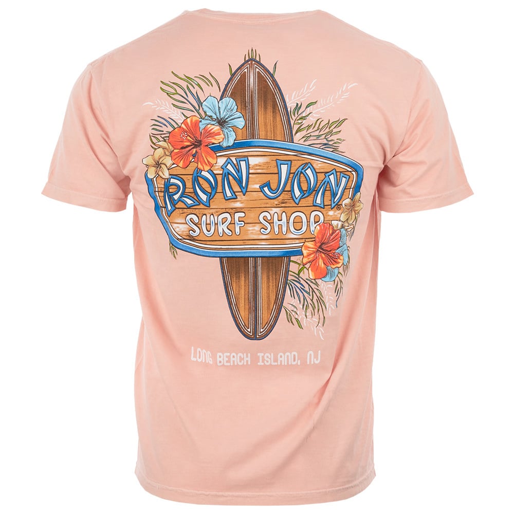 A peach t-shirt displays a surfboard, flowers, and the text Ron Jon Surf Shop, Long Beach Island, NJ on the back.