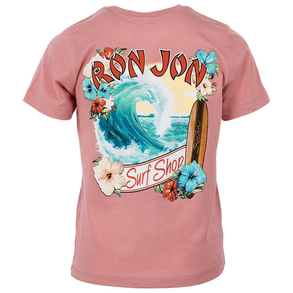Pink t-shirt featuring a Ron Jon Surf Shop design with a wave, surfboard, and flowers.
