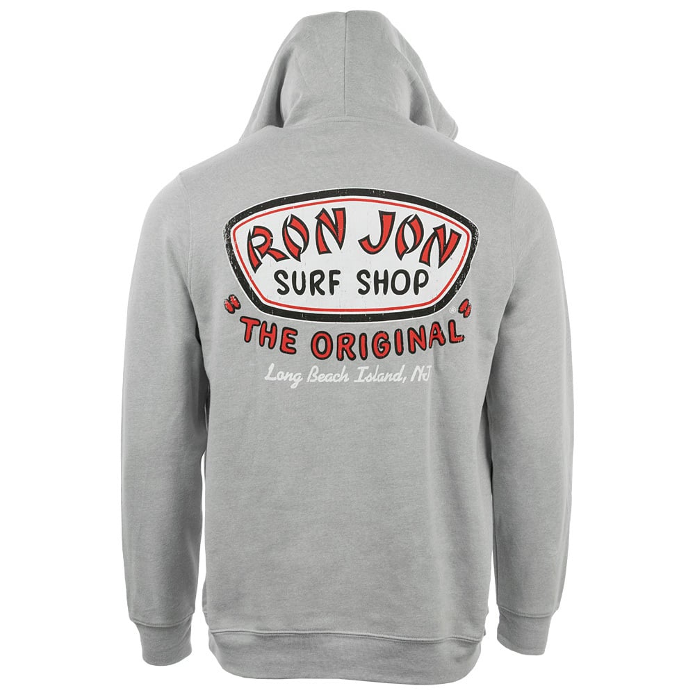 Gray hooded sweatshirt with Ron Jon Surf Shop The Original Long Beach Island, NJ printed in red and black on the back.
