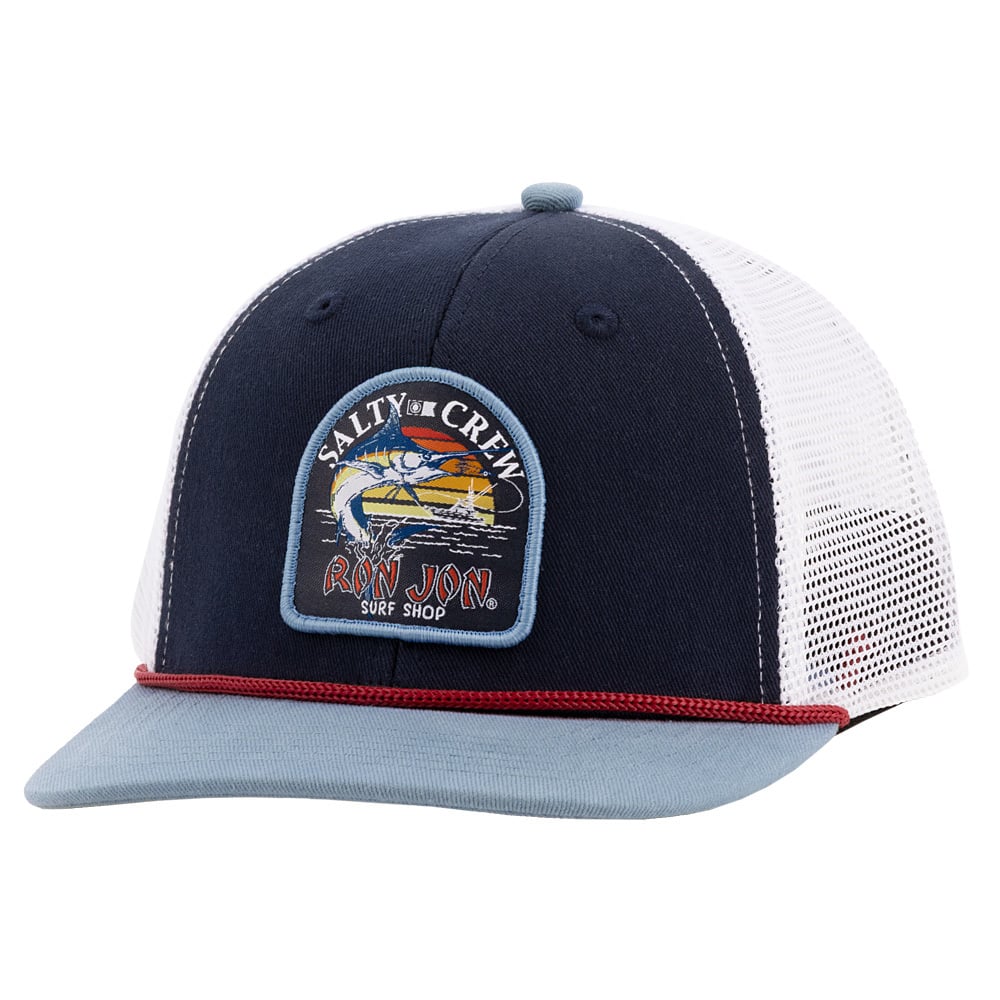 Navy and white mesh trucker hat with a blue brim and red cord, featuring a Salty Crew and Ron Jon patch.