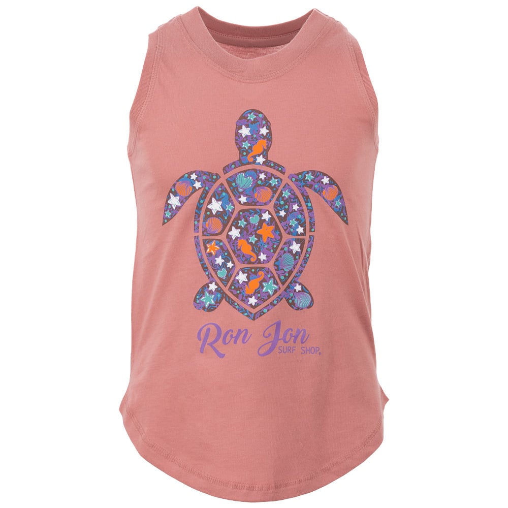 Coral pink sleeveless top featuring a colorful turtle design with star patterns and text reading Ron Jon Surf Shop.