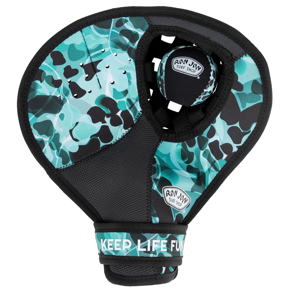A blue and green camouflage-patterned Velcro catch mitt and ball set labeled Ron Jon Surf Shop and Keep Life Fun.