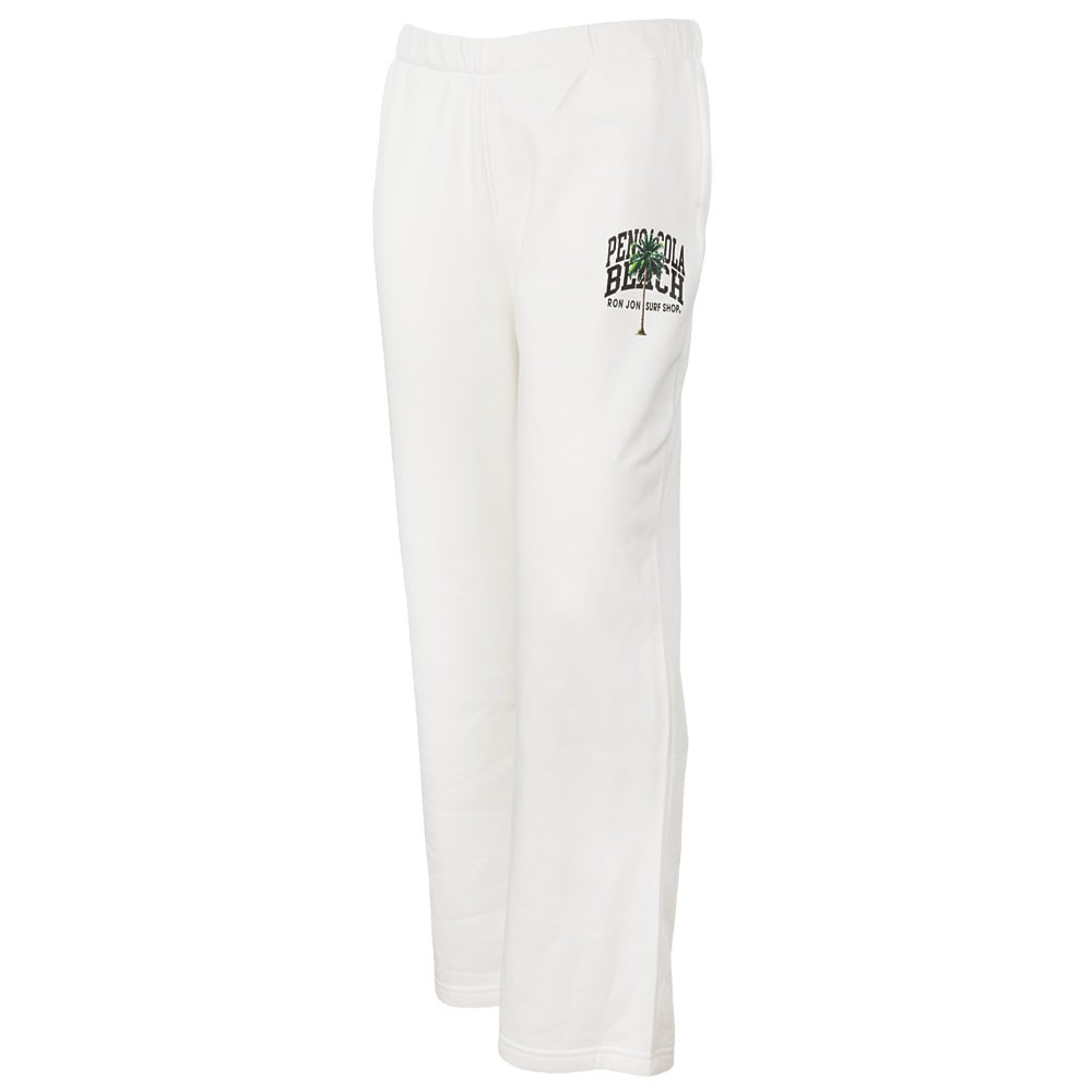 White sweatpants with an elastic waistband and Pensacola Beach logo printed on the upper left thigh.