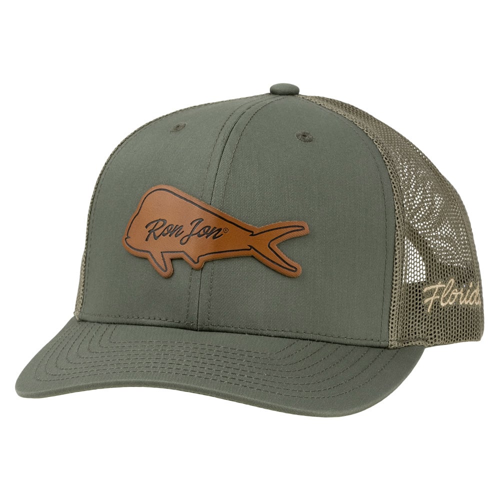 Olive green and tan mesh trucker hat featuring a brown leather fish patch with cursive text on the front and Florida embroidered on the side.