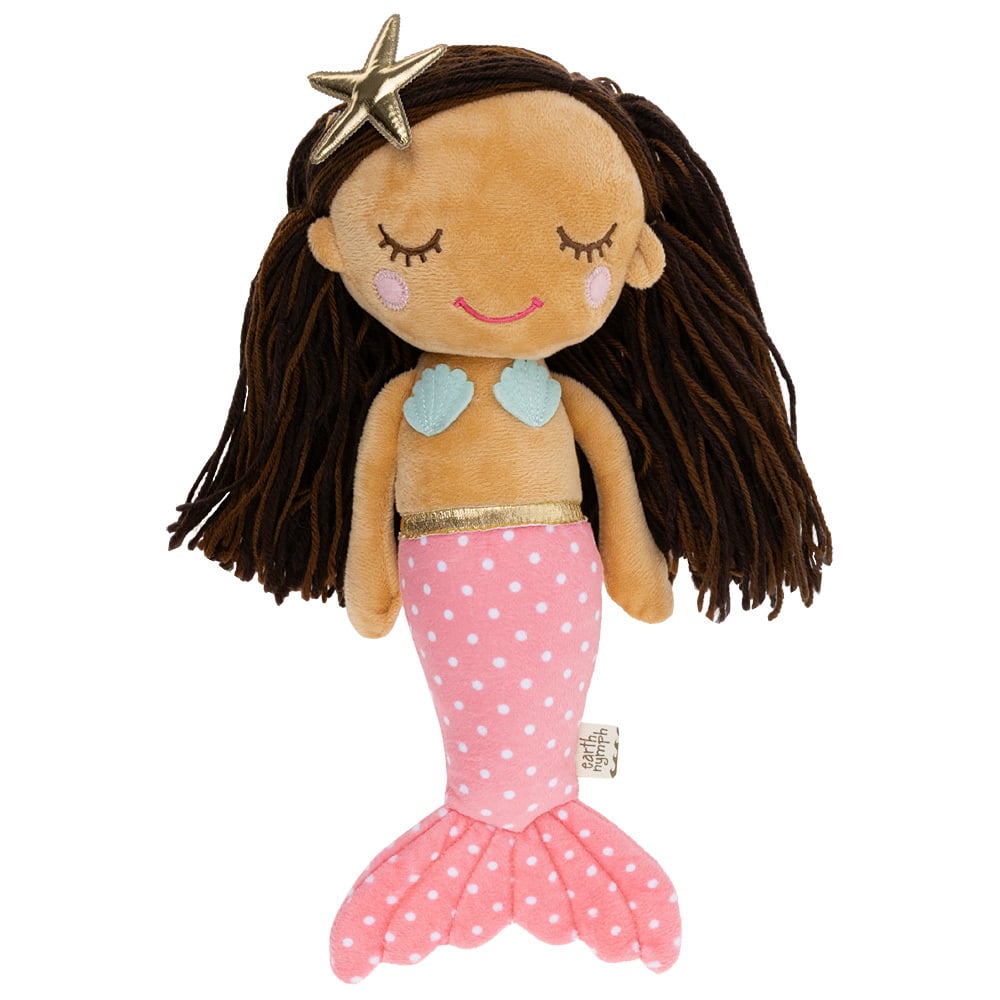 Plush mermaid doll with brown hair, a gold starfish headband, blue seashell top, and a pink polka-dotted tail.