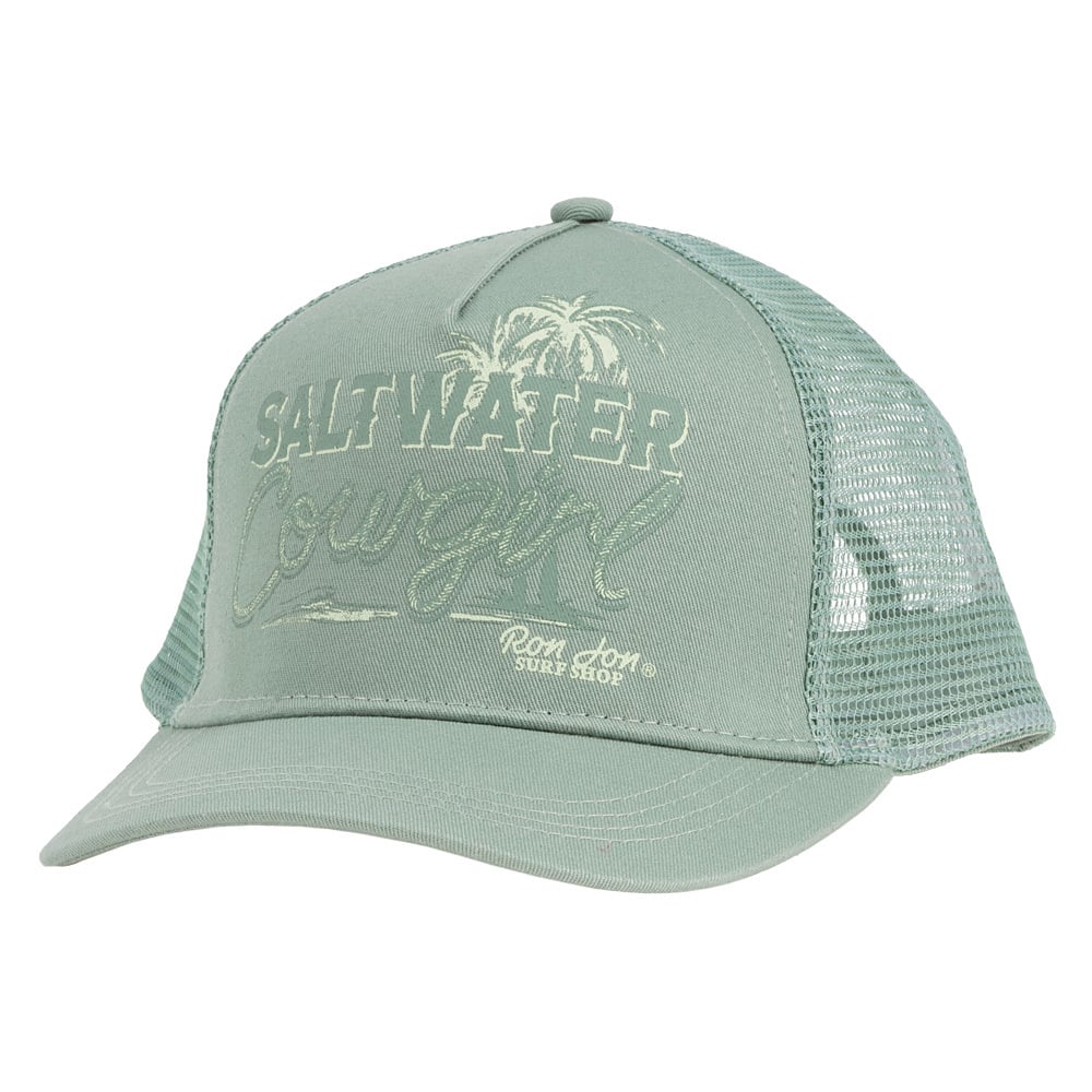 Sage green mesh trucker hat with Saltwater Cowgirl and a palm tree graphic on the front.