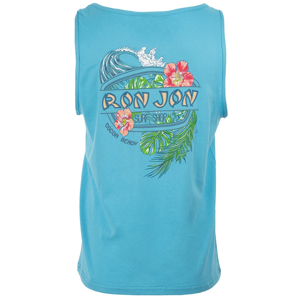 A blue sleeveless shirt featuring a Ron Jon Surf Shop Cocoa Beach logo with wave, palm leaves, and hibiscus flower graphics on the back.