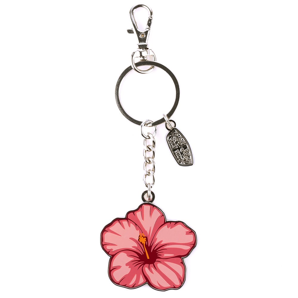 A keychain with a metal key ring, a small surfboard charm, and a large pink hibiscus flower charm.