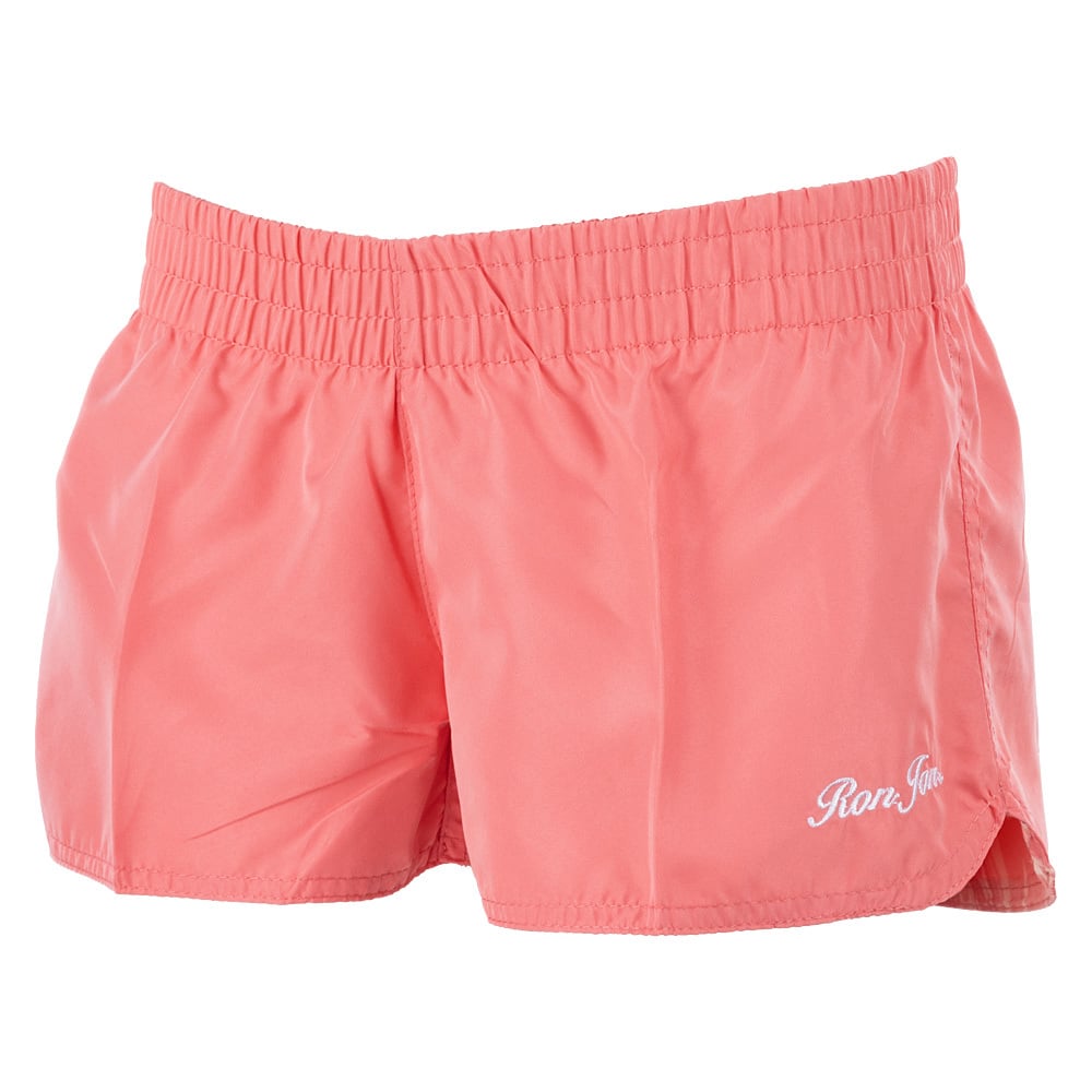 Coral board shorts with an elastic waistband and Ron Jon embroidered in white on the lower left side.