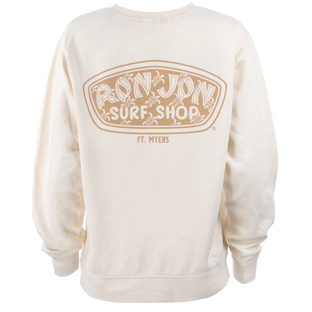 Beige sweatshirt with Ron Jon Surf Shop Ft. Myers logo in tan printed on the back.