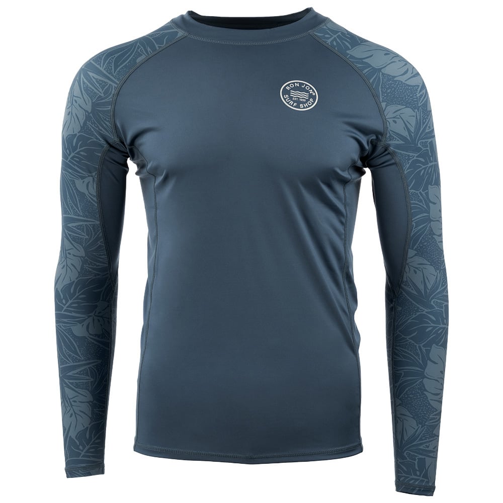 Long-sleeve, dark teal rash guard with a subtle leaf pattern on the sleeves and a small circular logo on the chest.