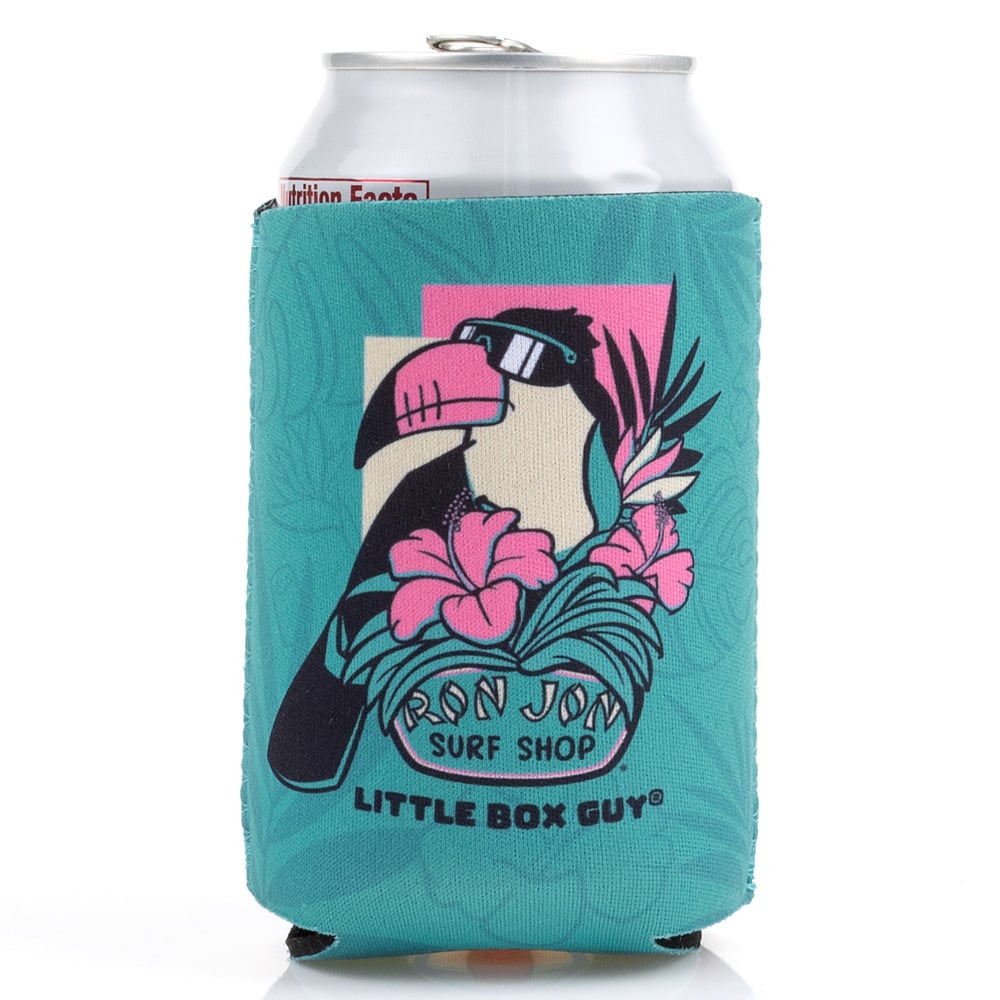A can with a teal coozie featuring a cartoon toucan, wearing sunglasses, surrounded by pink flowers. Text reads Ron Jon Surf Shop Little Box Guy.