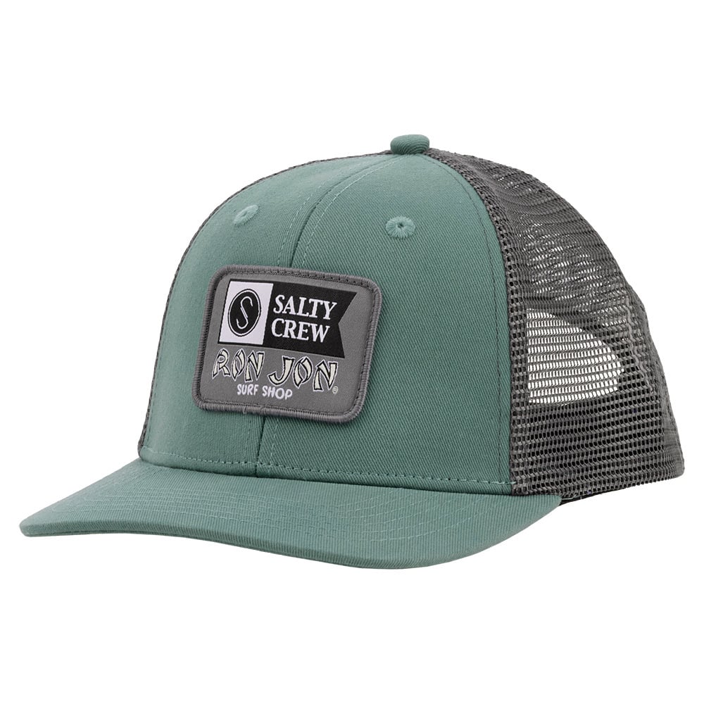 Green trucker hat with a mesh back and a patch reading Salty Crew Ron Jon Surf Shop on the front.