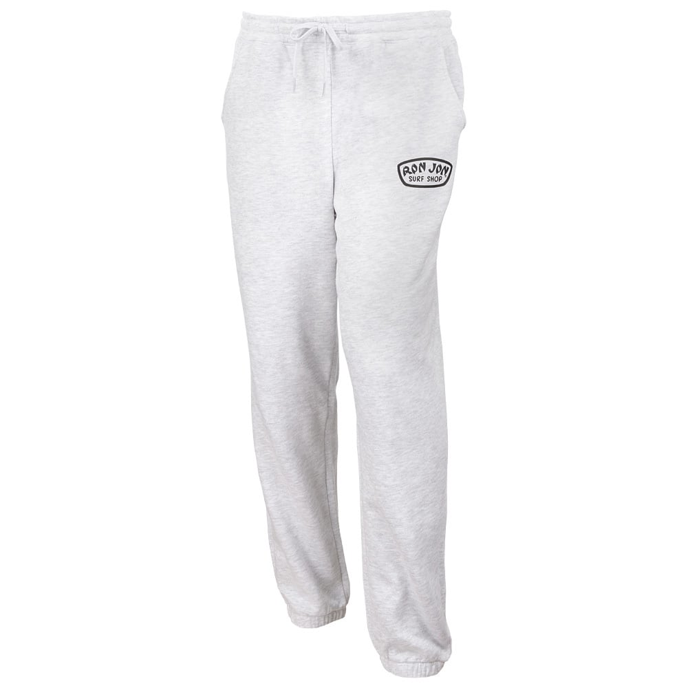 Light gray sweatpants with an elastic waistband, drawstring, and a small black Ron Jon Surf Shop logo graphic on the left hip.