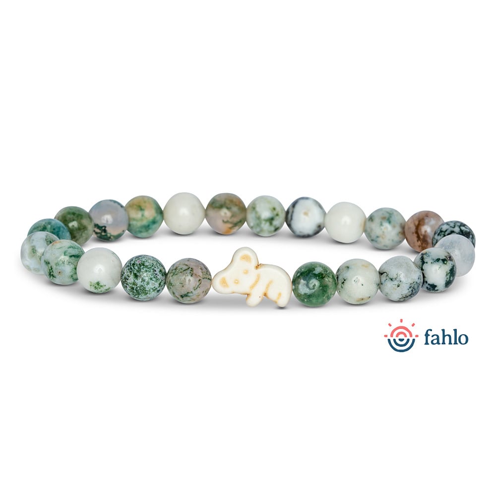 A beaded bracelet with green and white marbled beads and a central bead shaped like an koala, shown next to the Fahlo logo.