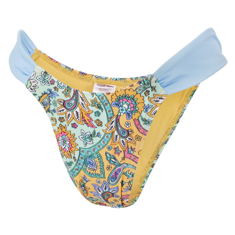 A pair of womens bikini bottoms featuring a paisley and floral pattern in yellow, blue, and teal with light blue side panels.