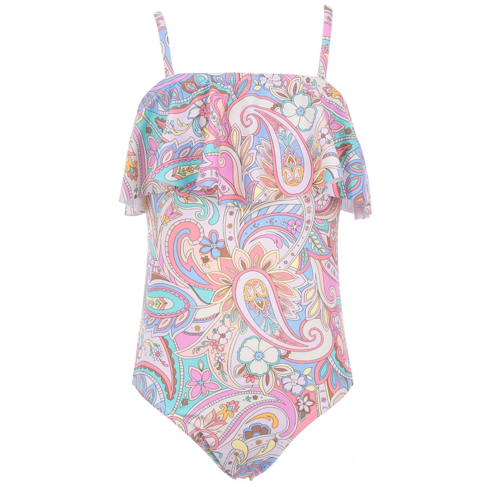 Colorful one-piece swimsuit with a pink, blue, and yellow paisley pattern and ruffled overlay.