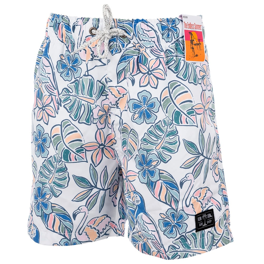 Mens swim shorts with a tropical print featuring flamingos, palm leaves, and flowers in blue, pink, and white tones. They have a drawstring waist and a small label on the left leg.