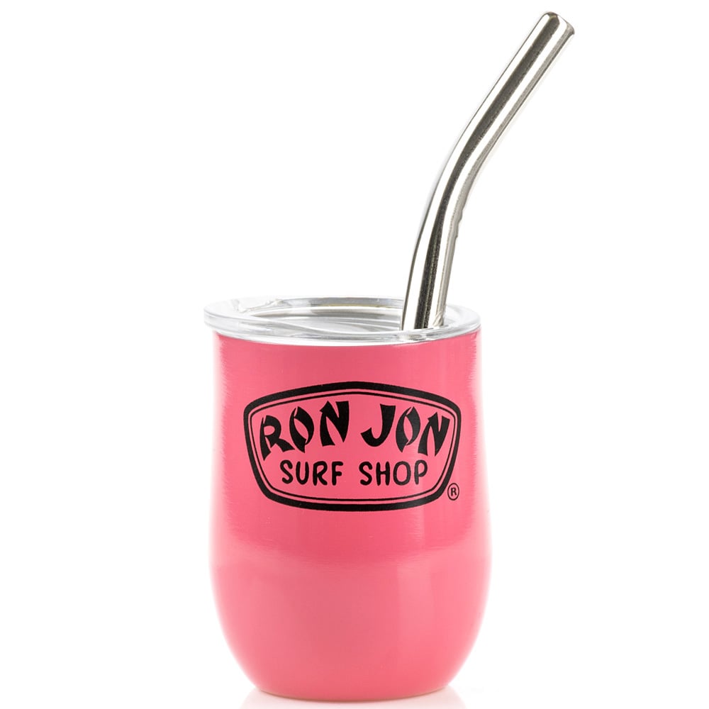 A pink tumbler labeled Ron Jon Surf Shop with a metal straw inserted into its lid.