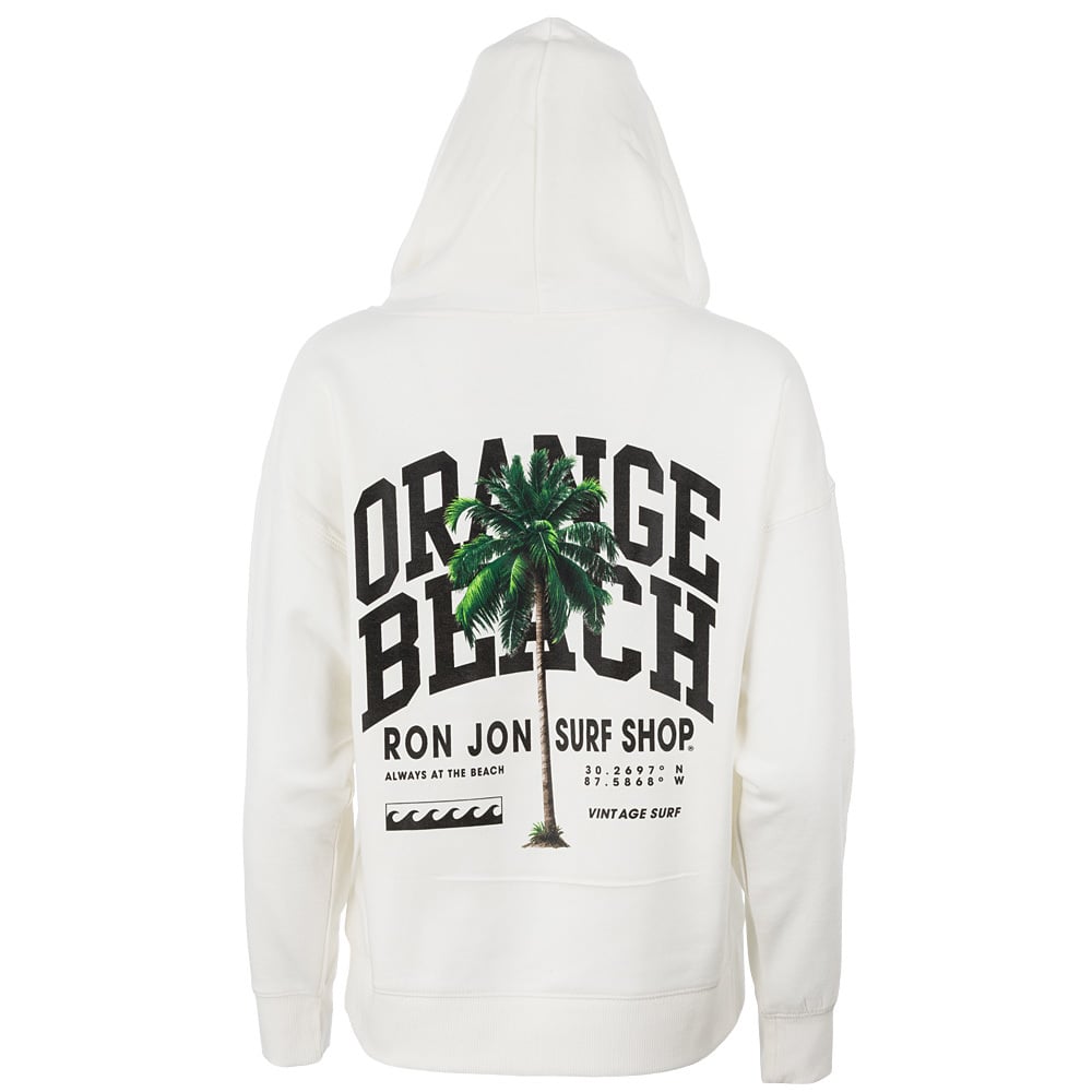 White hoodie with Orange Beach text, a palm tree graphic, and Ron Jon Surf Shop branding printed on the back.