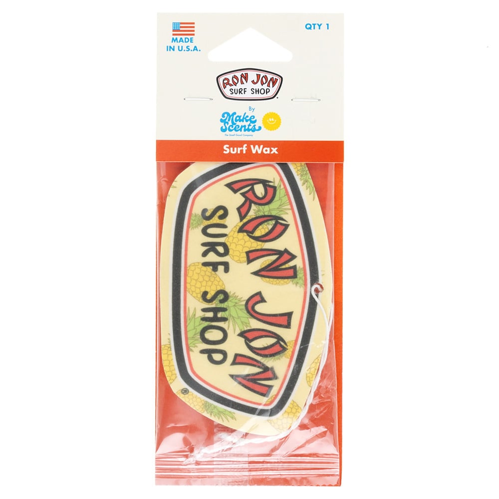A packaged Ron Jon Surf Shop air freshener labeled Surf Wax with a pineapple pattern, displayed on a white and orange card backing.