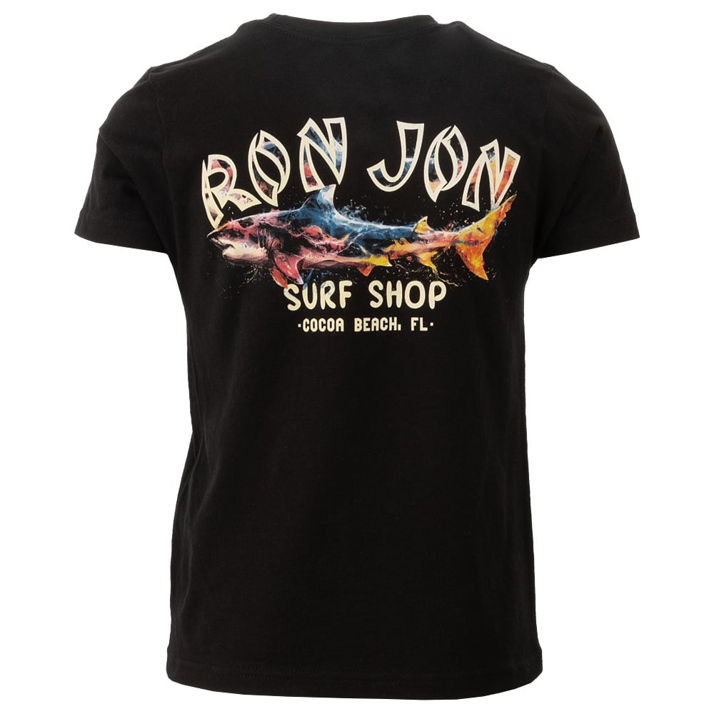 Black t-shirt with a colorful shark graphic and the text Ron Jon Surf Shop Cocoa Beach, FL on the back.