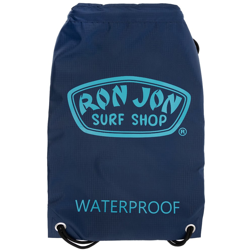 A navy blue drawstring bag with Ron Jon Surf Shop and WATERPROOF printed in light blue text on the front.