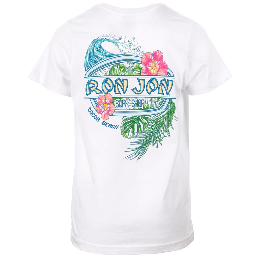 White T-shirt with a colorful graphic on the back featuring a wave, tropical flowers, palm leaves, and the text Ron Jon Surf Shop Cocoa Beach.